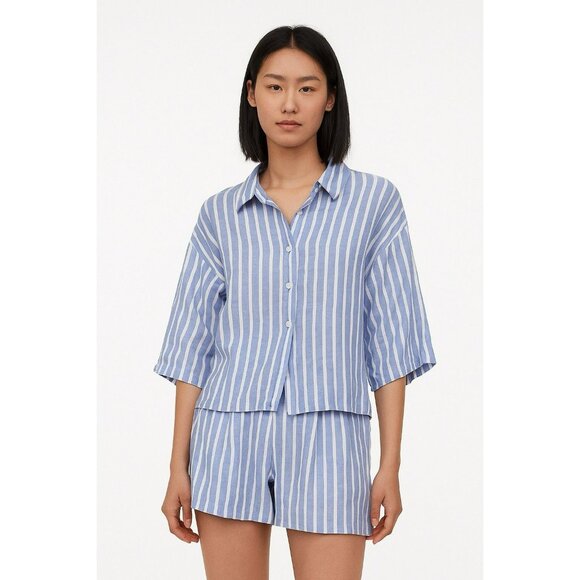 H & M Blue And White Striped Linen Short And Button Down Shirt Set Size Medium - Picture 1 of 7